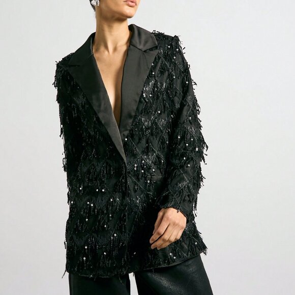 Black Party Women's Satin Lapel Collar Sequin Oversized Longline blazer Jacket